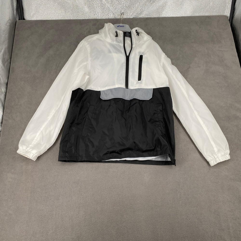 Distortion Mens Colorblock Windbreaker Jacket White Black Half Zip Hooded Small
